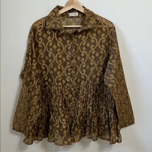 Krista Larson Silk Organza Jacquard Textured Button Down Long Sleeve Lagenlook